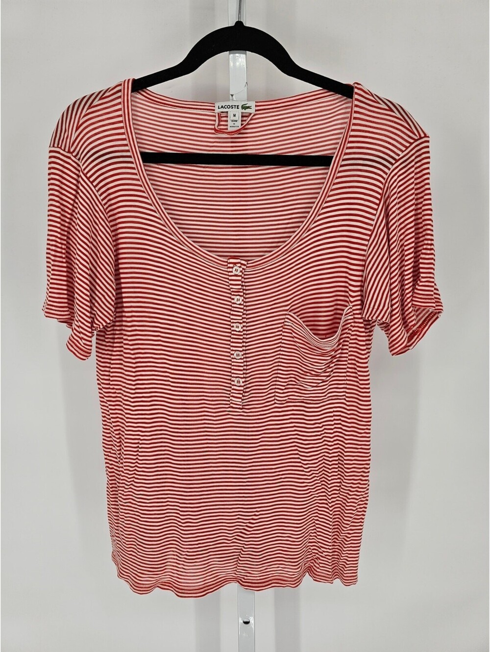 Lacoste women's Sz M red and white striped short-sleeve henley top with a pocket